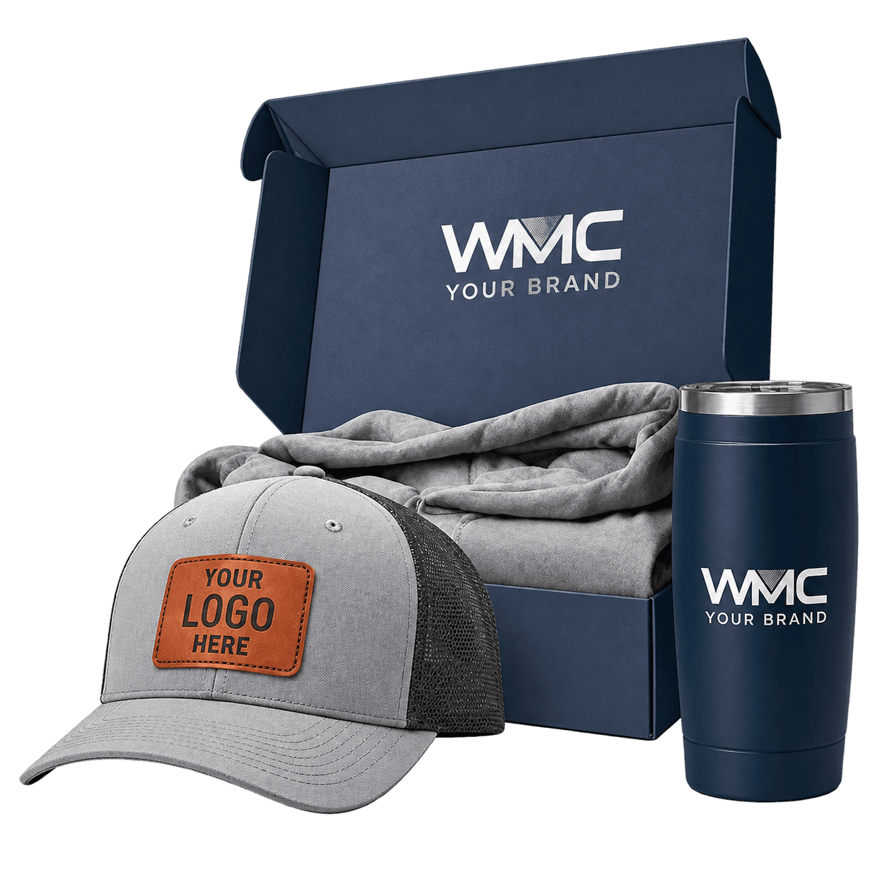 Branded welcome kit with box, cap, apparel and tumbler
