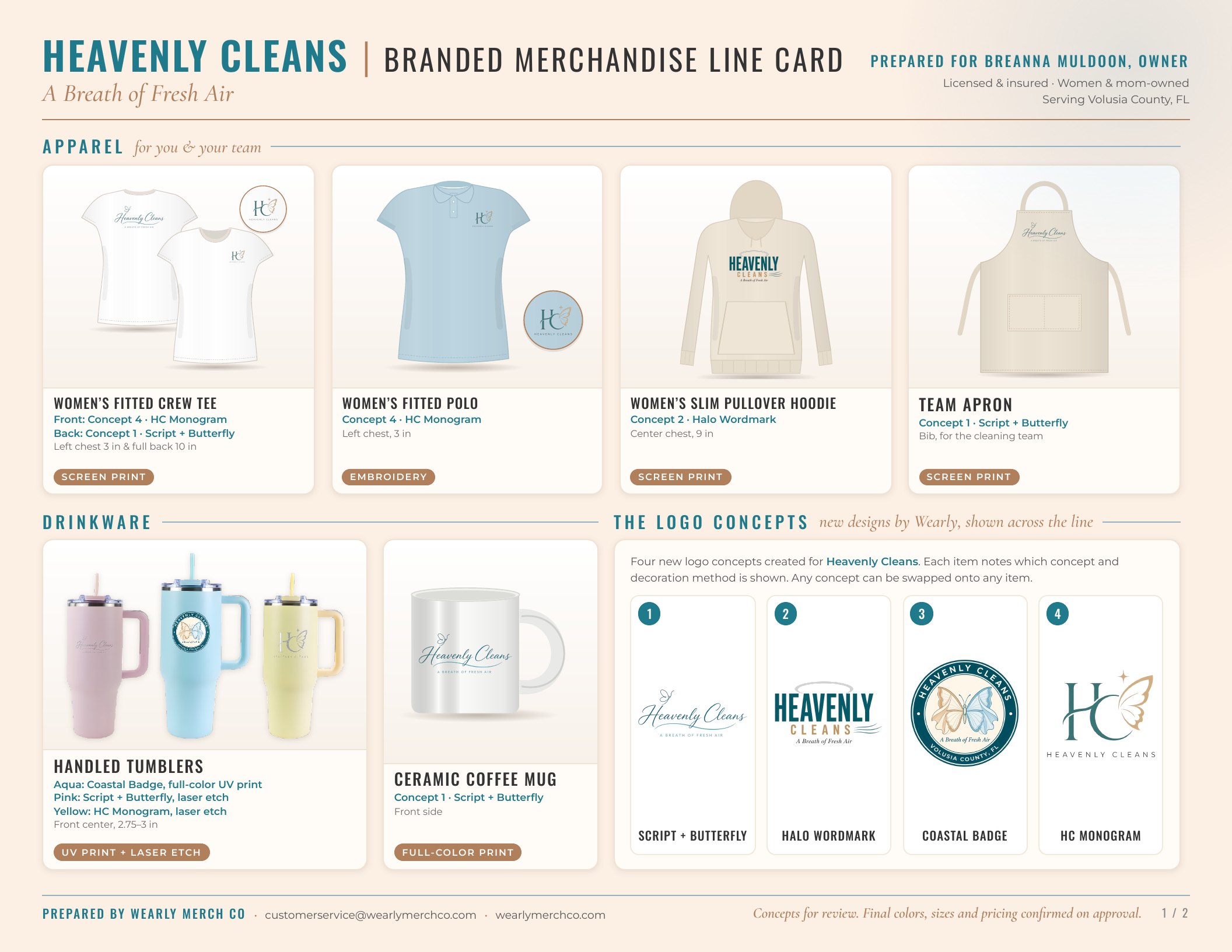 Heavenly Cleans branded merchandise line card, page 1