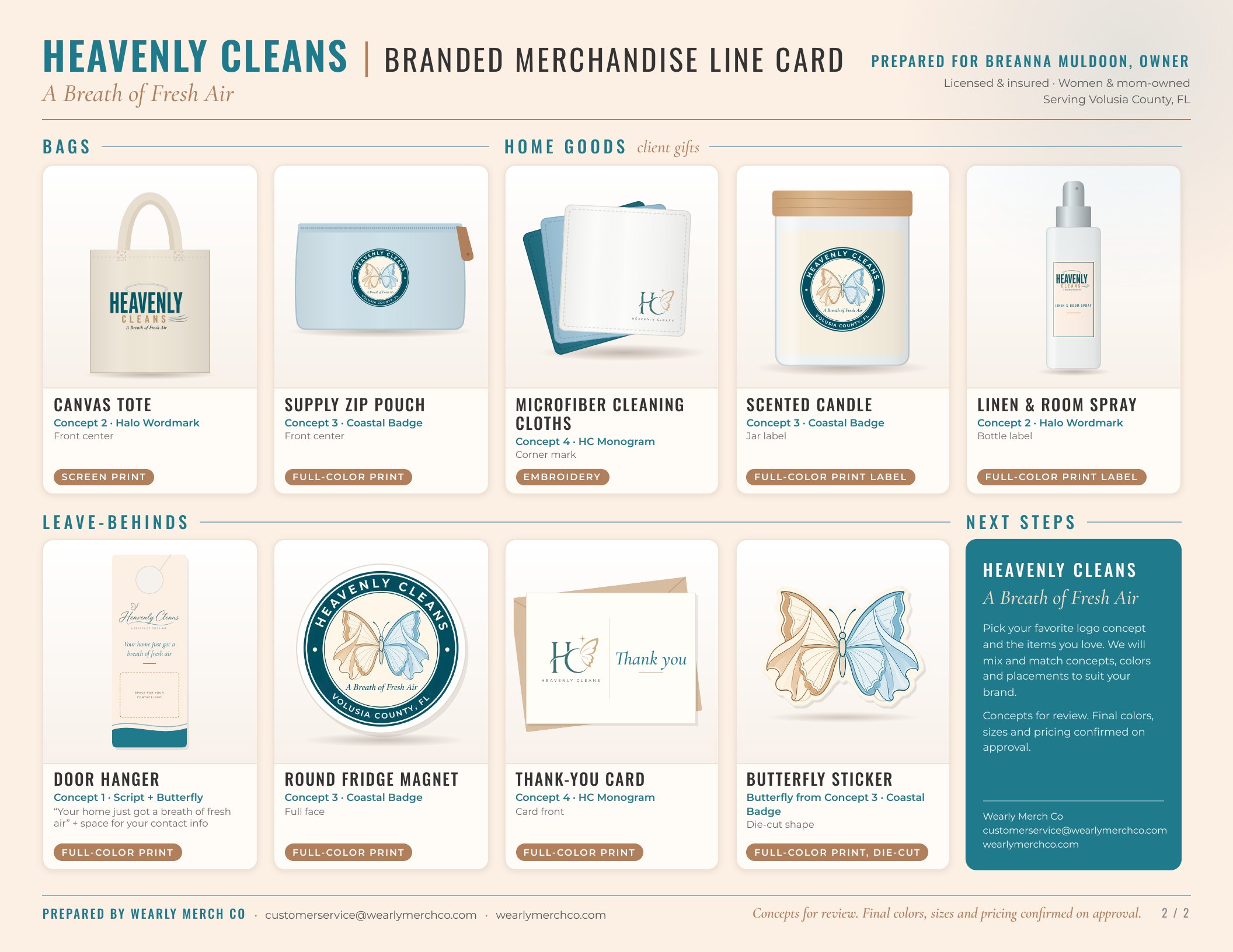 Heavenly Cleans branded merchandise line card, page 2